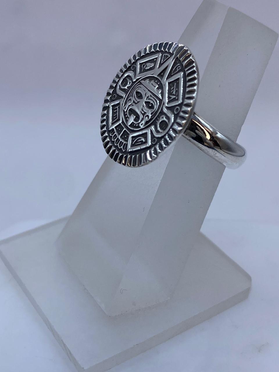 🌞 Anillo Calendario Azteca Ajustable en Plata .925 – Diseño Redondo Prehispánico
