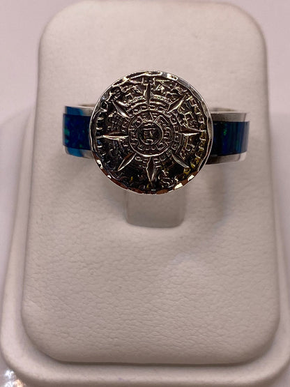 Anillo Calendario Azteca con Ópalo de Fuego en Plata Ley 950