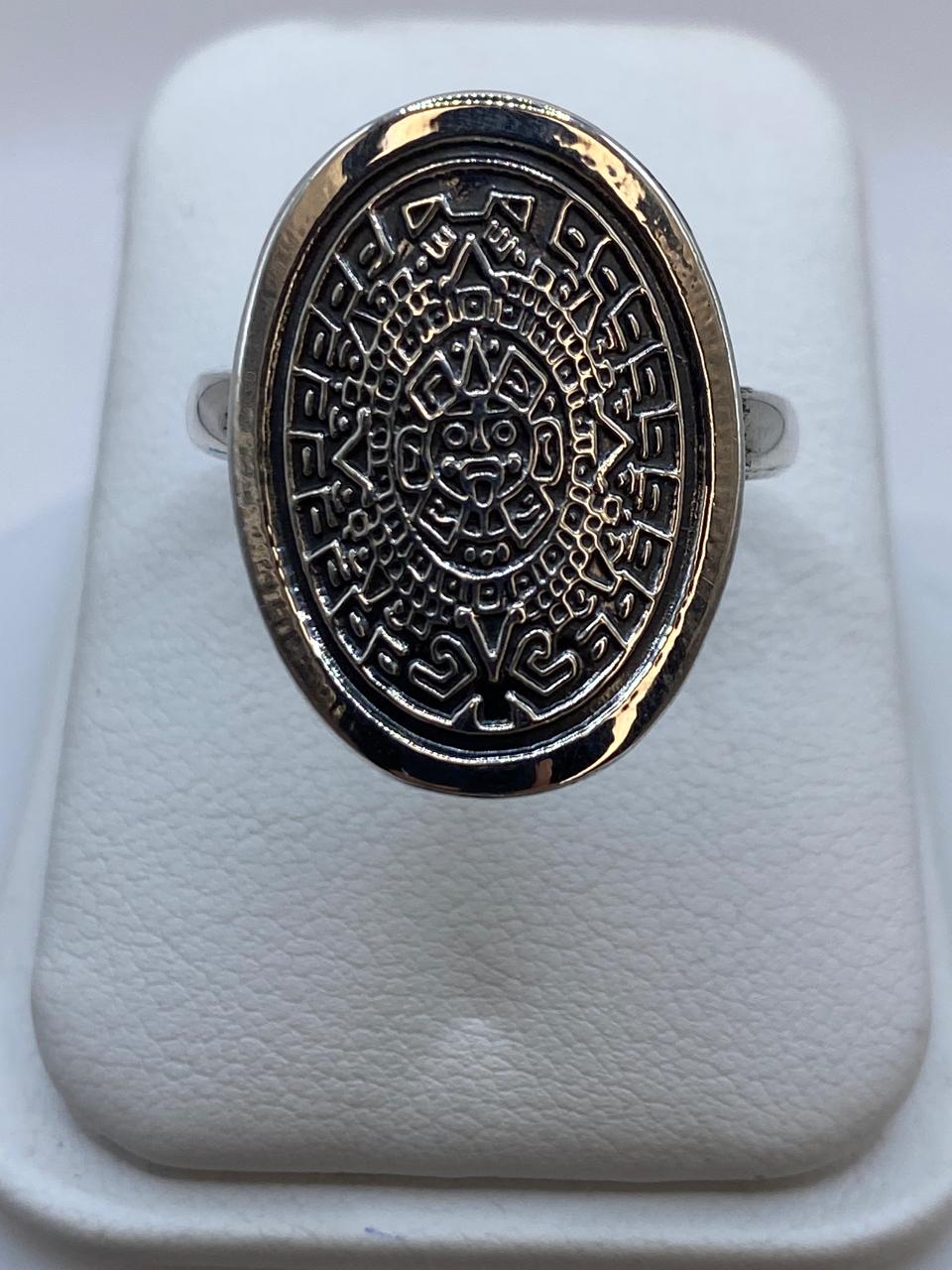 Anillo Calendario Azteca en Plata .925 Diseño Ovalado Prehispánico