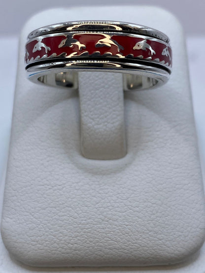 Anillo de Coral Rojo con Delfines en Plata .925