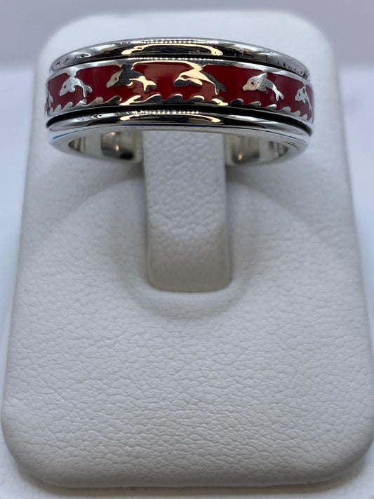 ❤️ Anillo de Coral Rojo con Delfines en Plata .925