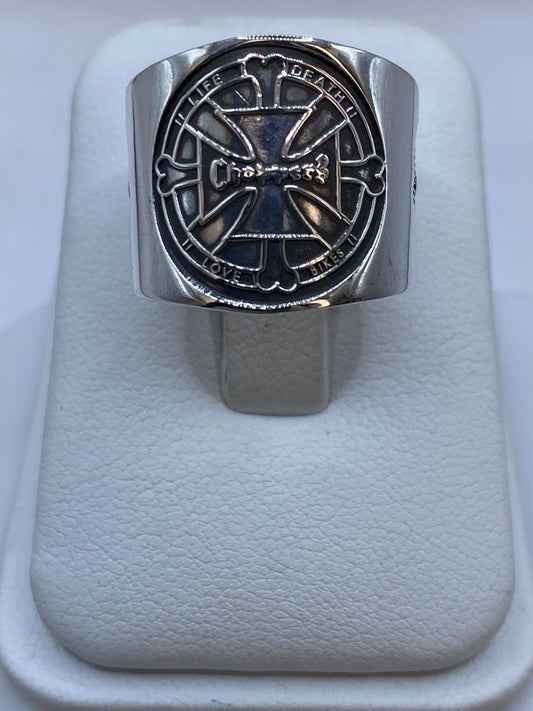 Anillo Cruz Biker “Life Death Love Bikes” en Plata .925 – Diseño Sello Motociclista