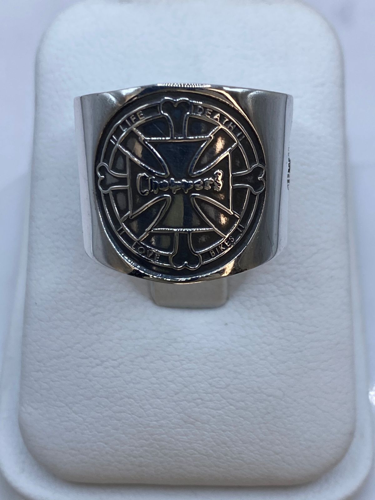Anillo Cruz Biker “Life Death Love Bikes” en Plata .925 – Diseño Sello Motociclista