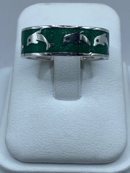 Anillo Delfines en Plata .925 con Malaquita Natural