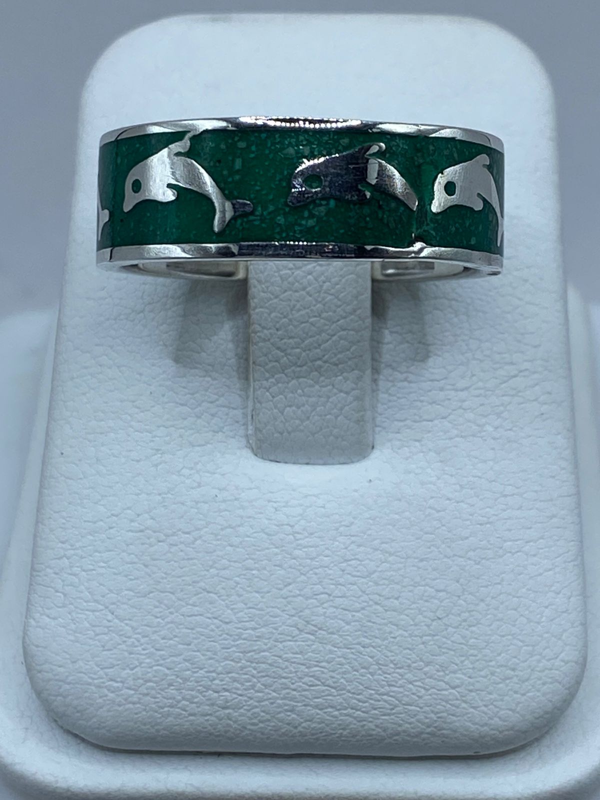 🐬💚 Anillo Delfines en Plata .925 con Malaquita Natural — vista lateral
