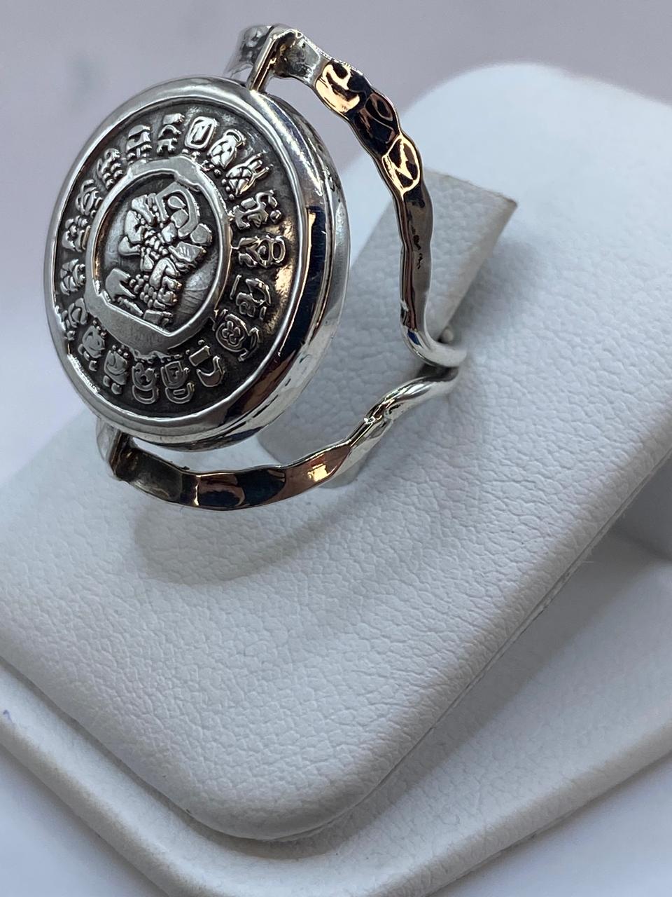Anillo Doble Vista Calendario Azteca en Plata .925 Diseño Giratorio