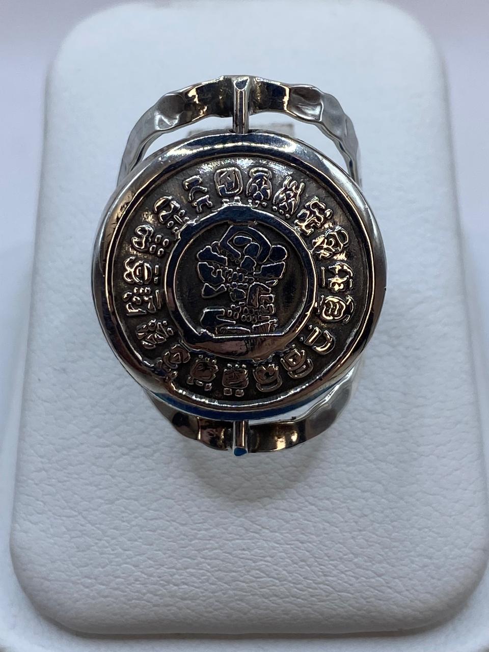 Anillo Doble Vista Calendario Azteca en Plata .925 Diseño Giratorio