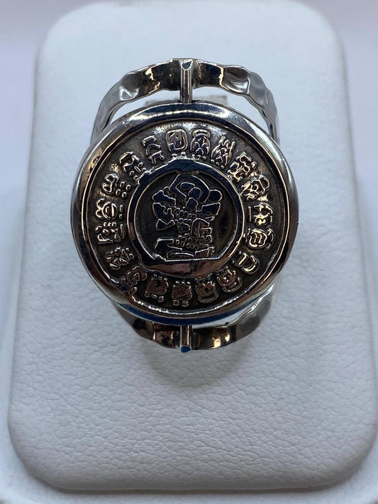 Anillo Doble Vista Calendario Azteca en Plata .925 Diseño Giratorio