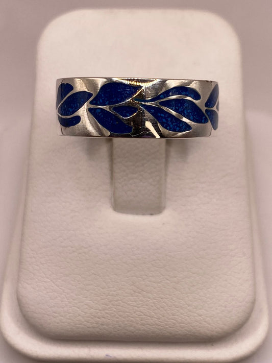 🌿 Anillo Floral Azul de Plata .925 con Incrustaciones — ángulo diagonal