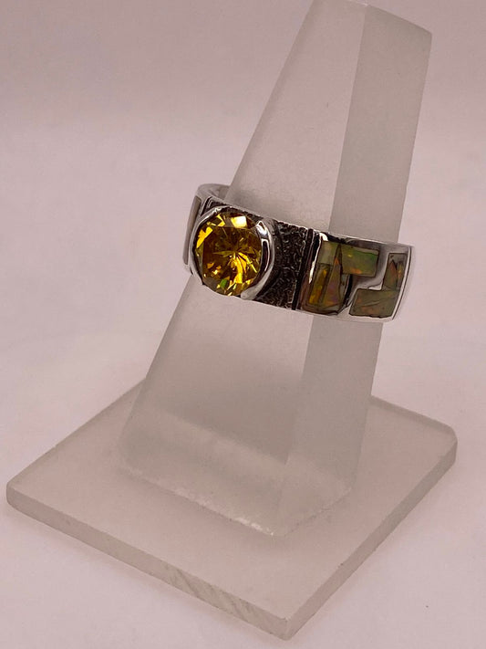Anillo Geométrico con Ópalo de Fuego y Zirconia Amarilla en Plata .950, vista frontal
