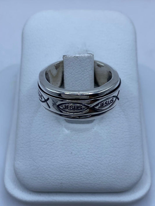 ✝️ Anillo Giratorio de Plata 925 con Diseño Cristiano “Jesus” e Ichthys