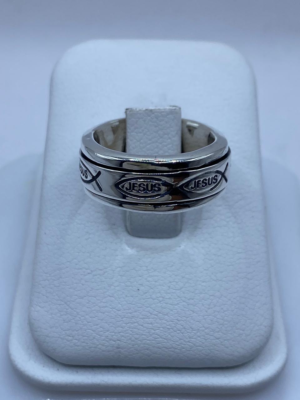 ✝️ Anillo Giratorio de Plata 925 con Diseño Cristiano “Jesus” e Ichthys
