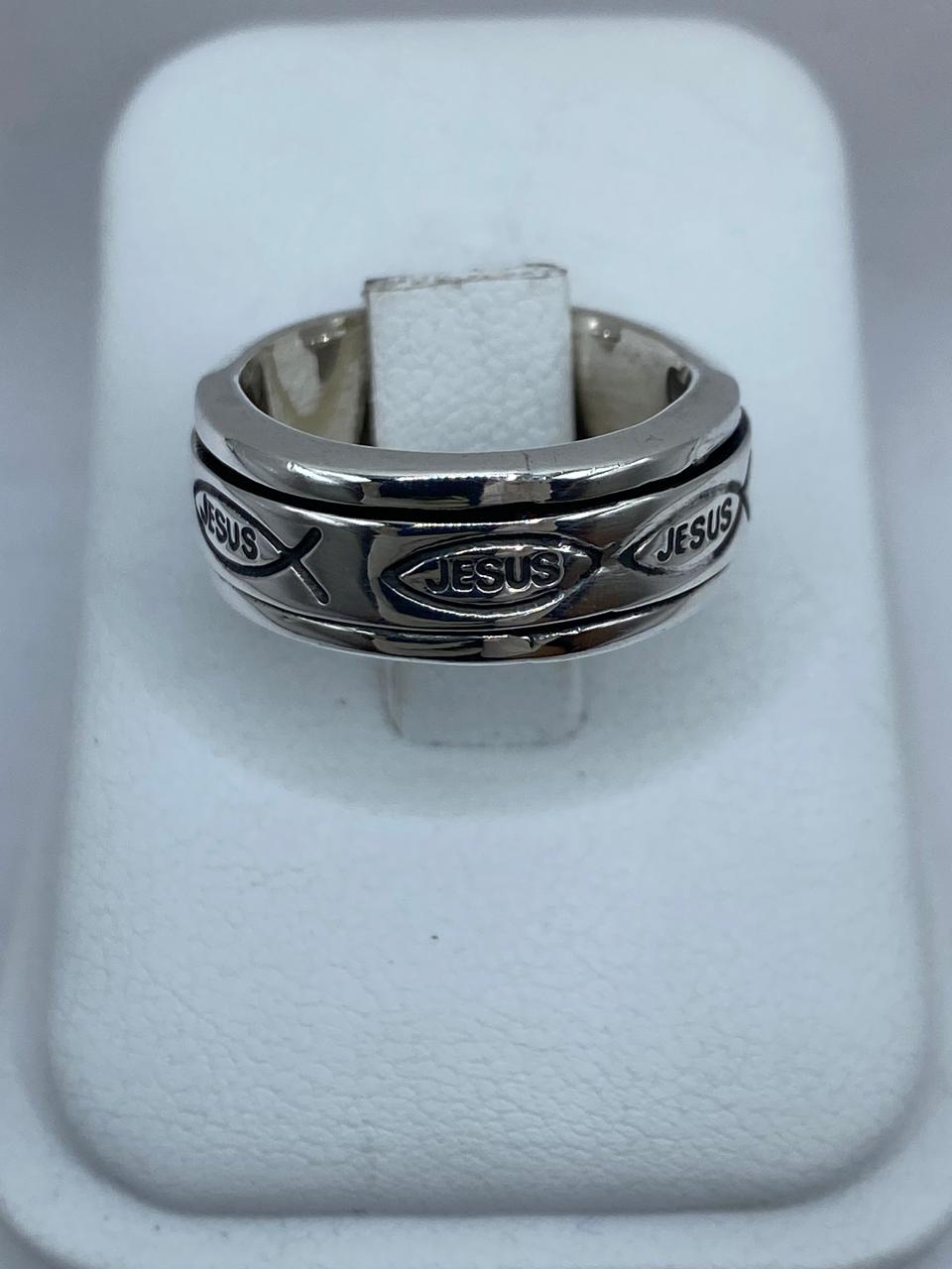 ✝️ Anillo Giratorio de Plata 925 con Diseño Cristiano “Jesus” e Ichthys