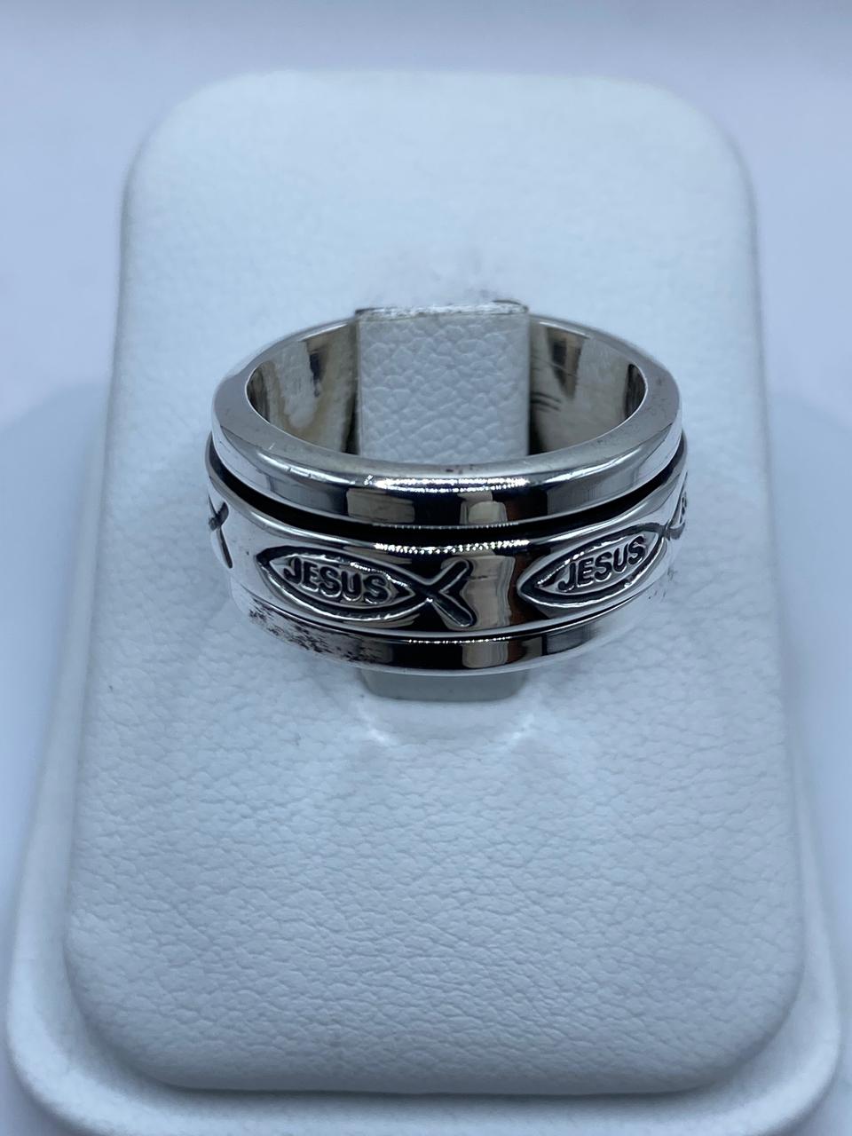 Anillo Giratorio de Plata 925 con Símbolo Ichthys y Nombre Jesús