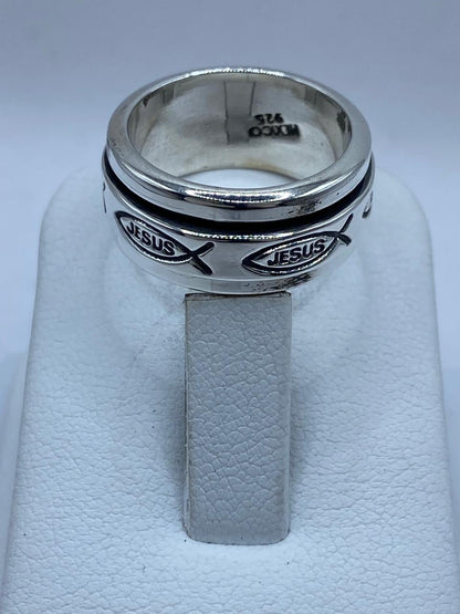 Anillo Giratorio de Plata 925 con Símbolo Ichthys y Nombre Jesús