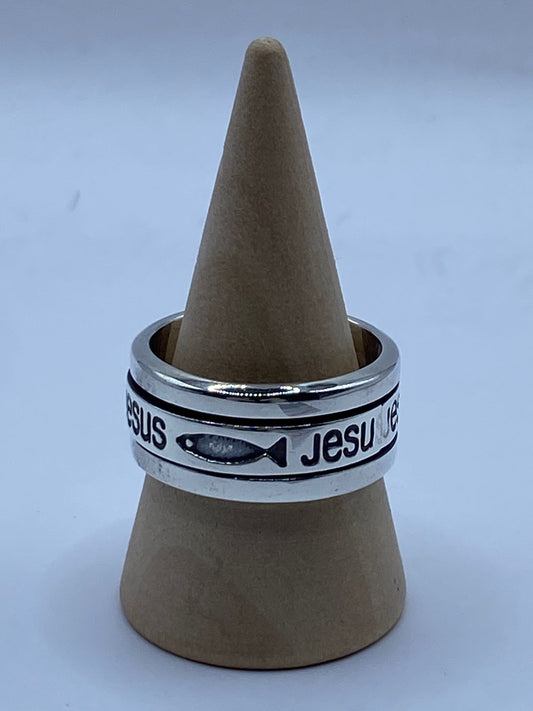 💍 Anillo Giratorio de Plata 925 con Nombre de Jesús y Símbolo Ichthys
