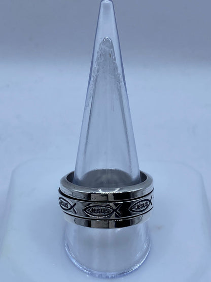 Anillo Giratorio de Plata 925 con Símbolo Ichthys y Nombre de Jesús