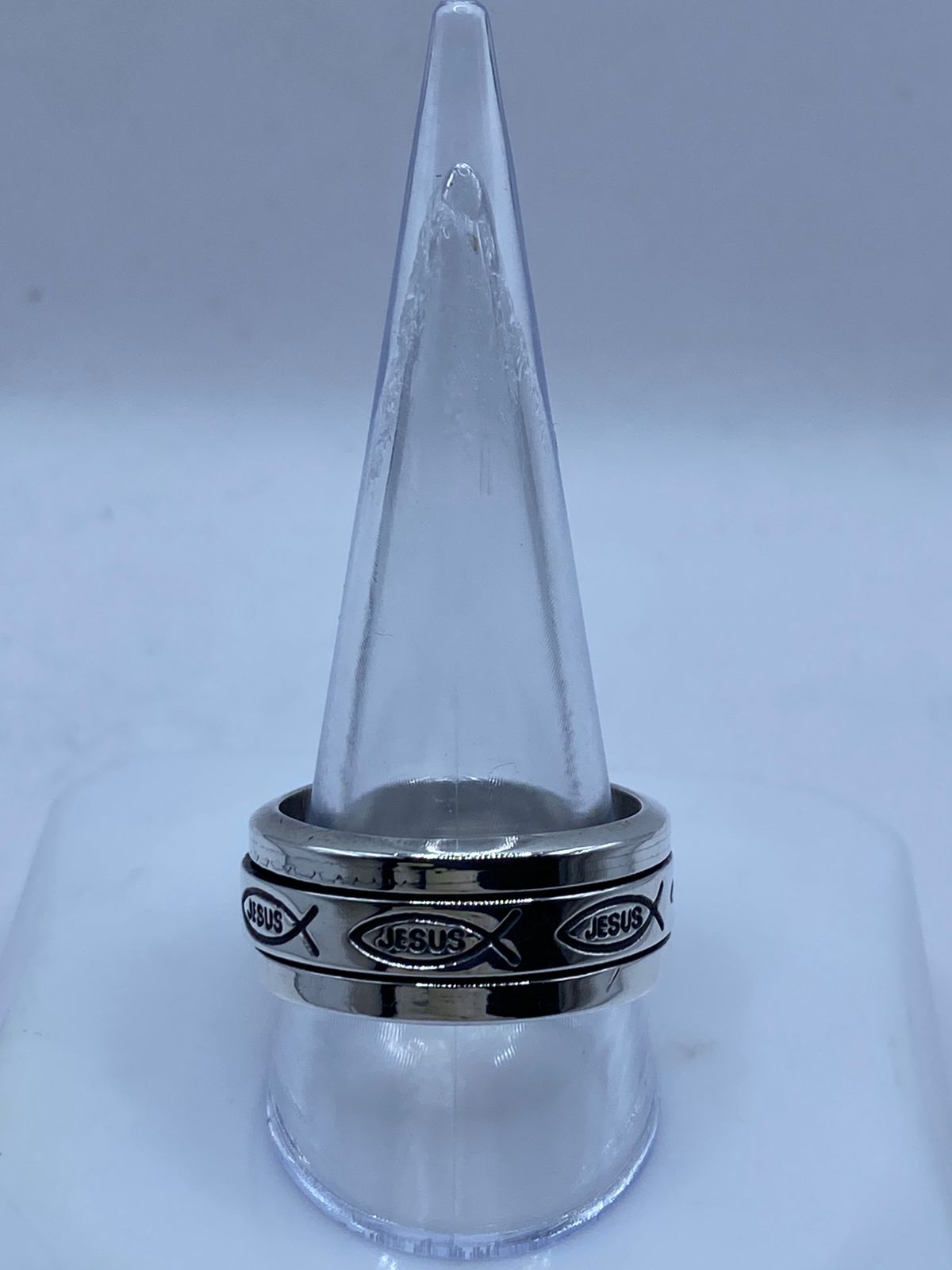 Anillo Giratorio de Plata 925 con Símbolo Ichthys y Nombre de Jesús