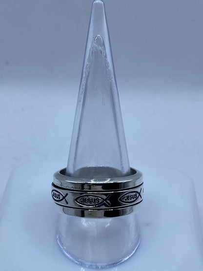 Anillo Giratorio de Plata 925 con Símbolo Ichthys y Nombre de Jesús