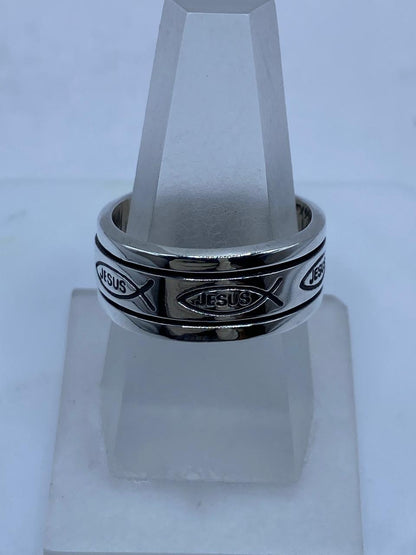 Anillo Giratorio de Plata .925 “jesús” con Símbolo Ichthy — vista lateral