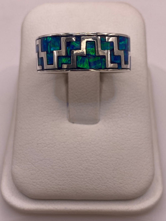 Anillo  Greca Geometrica Continua con Ópalo de Fuego en Plata .950