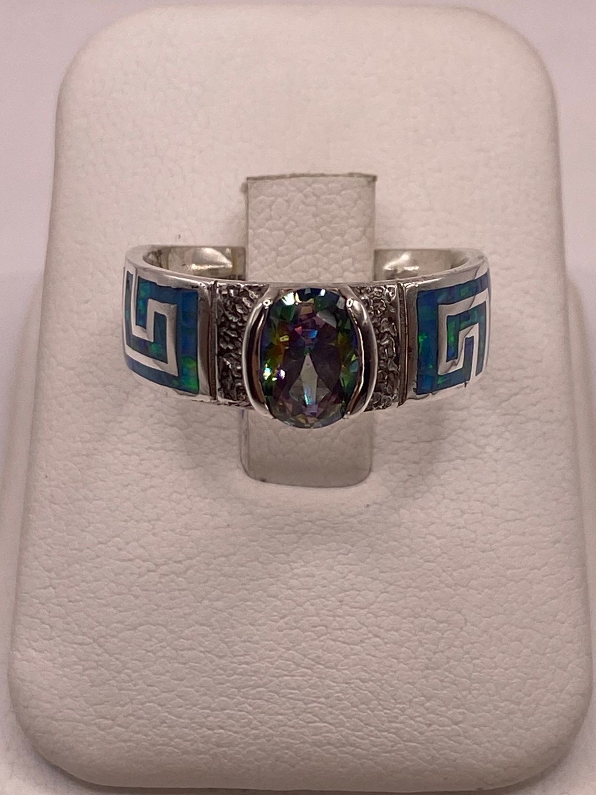 Anillo Greca Geométrica con Ópalo de Fuego y Zirconia en Plata .950