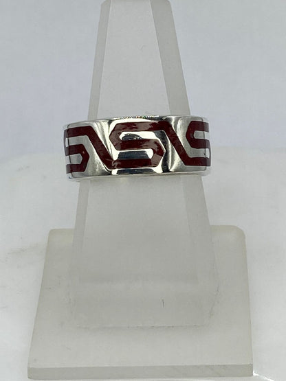 Anillo Greca Geométrica en Coral Rojo