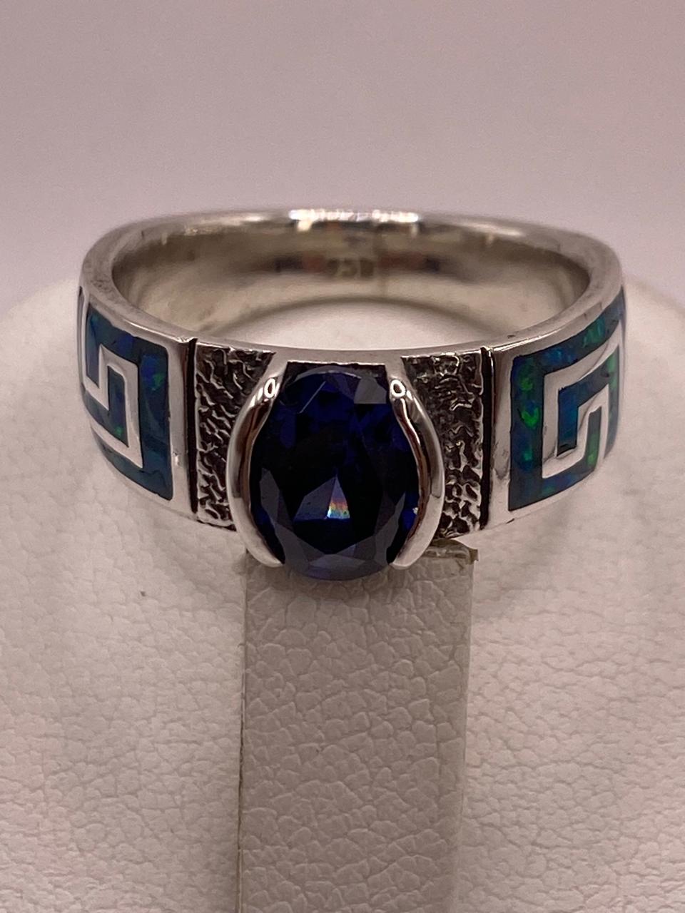 Anillo de Greca con Ópalo de Fuego y Zirconia en Plata .950
