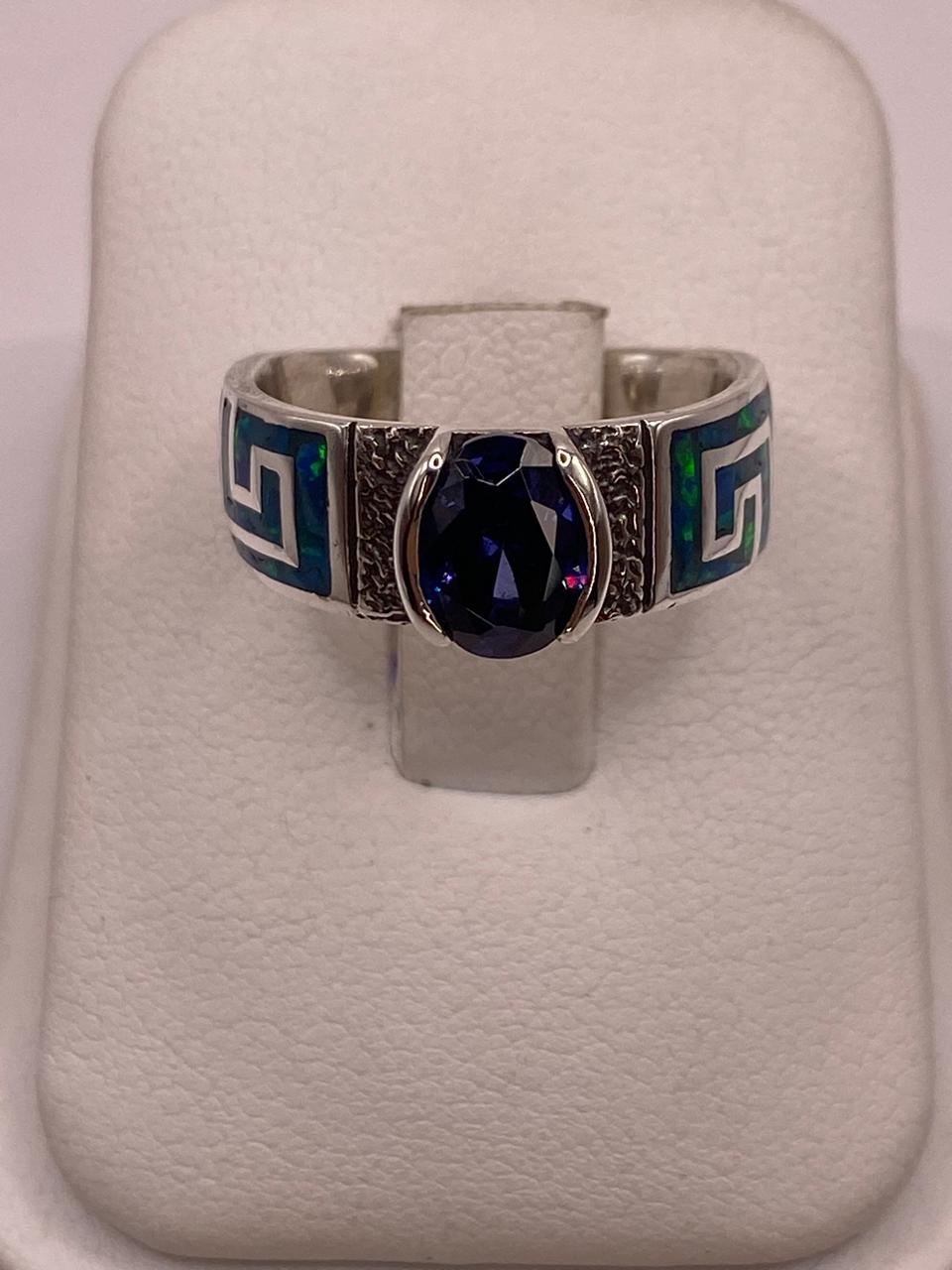 Anillo de Greca con Ópalo de Fuego y Zirconia en Plata .950