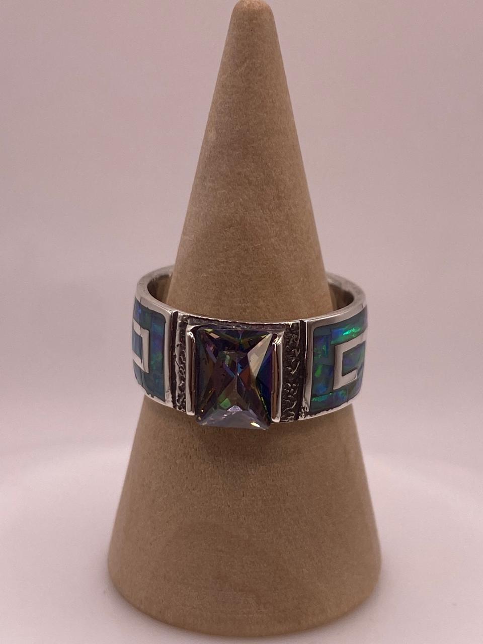 Anillo de Greca con Ópalo de Fuego y Zirconia en Plata .950