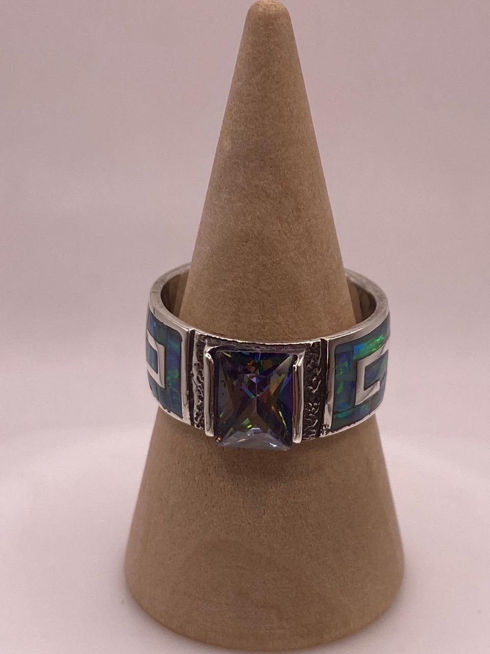 Anillo de Greca con Ópalo de Fuego y Zirconia en Plata .950
