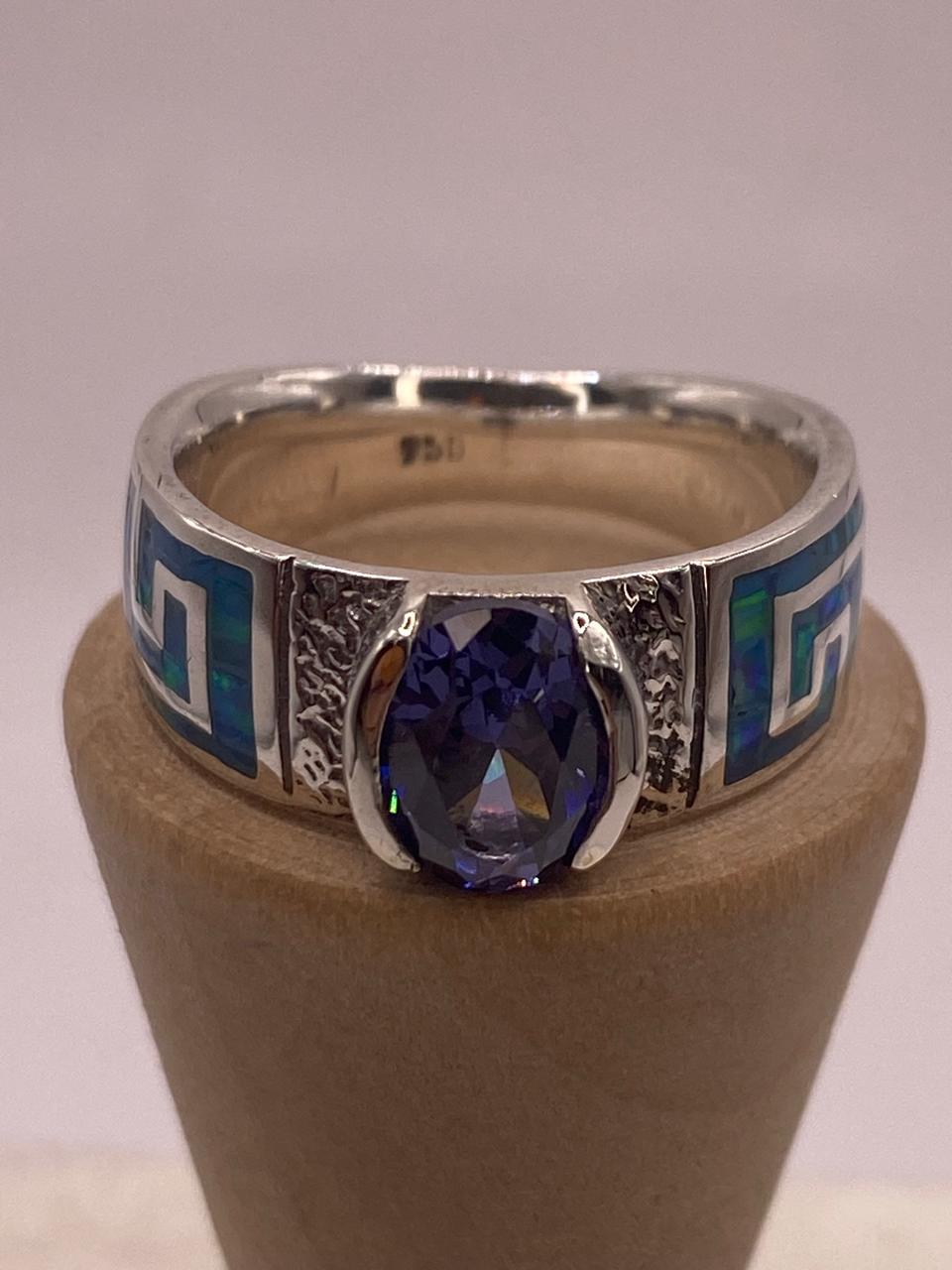 Anillo de Greca con Ópalo de Fuego y Zirconia en Plata .950