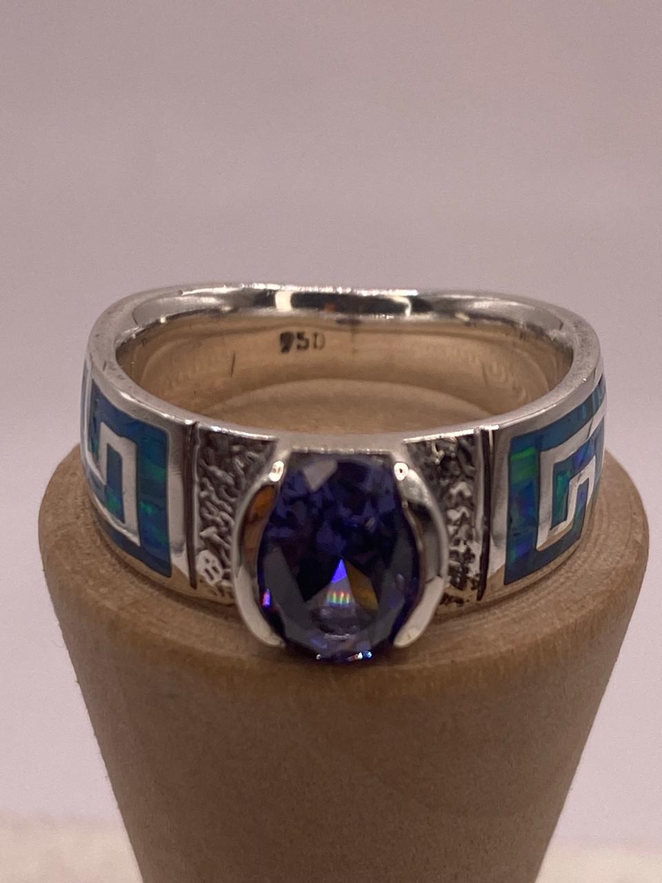 Anillo de Greca con Ópalo de Fuego y Zirconia en Plata .950
