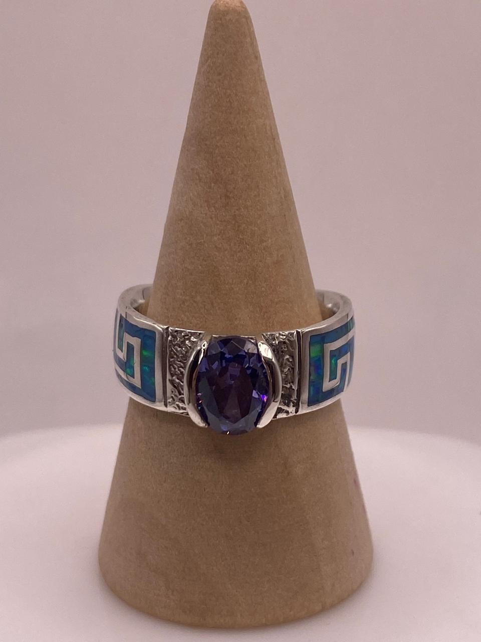 Anillo de Greca con Ópalo de Fuego y Zirconia en Plata .950