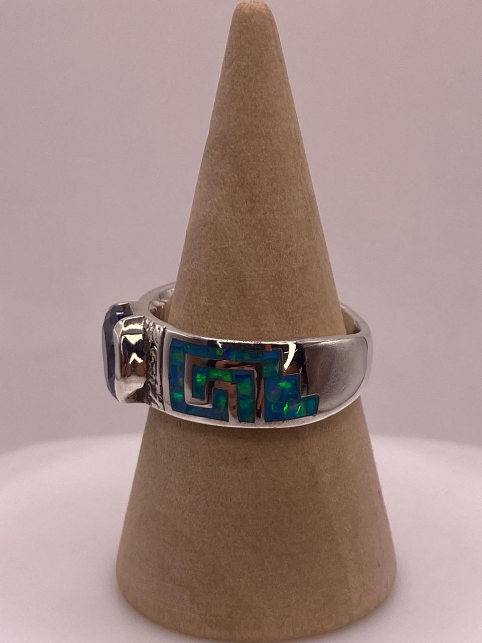 Anillo de Greca con Ópalo de Fuego y Zirconia en Plata .950