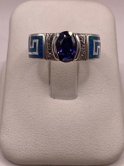 Anillo de Greca con Ópalo de Fuego y Circonia en Plata .950, vista frontal