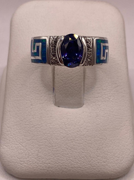 Anillo de Greca con Ópalo de Fuego y Circonia en Plata .950, vista frontal