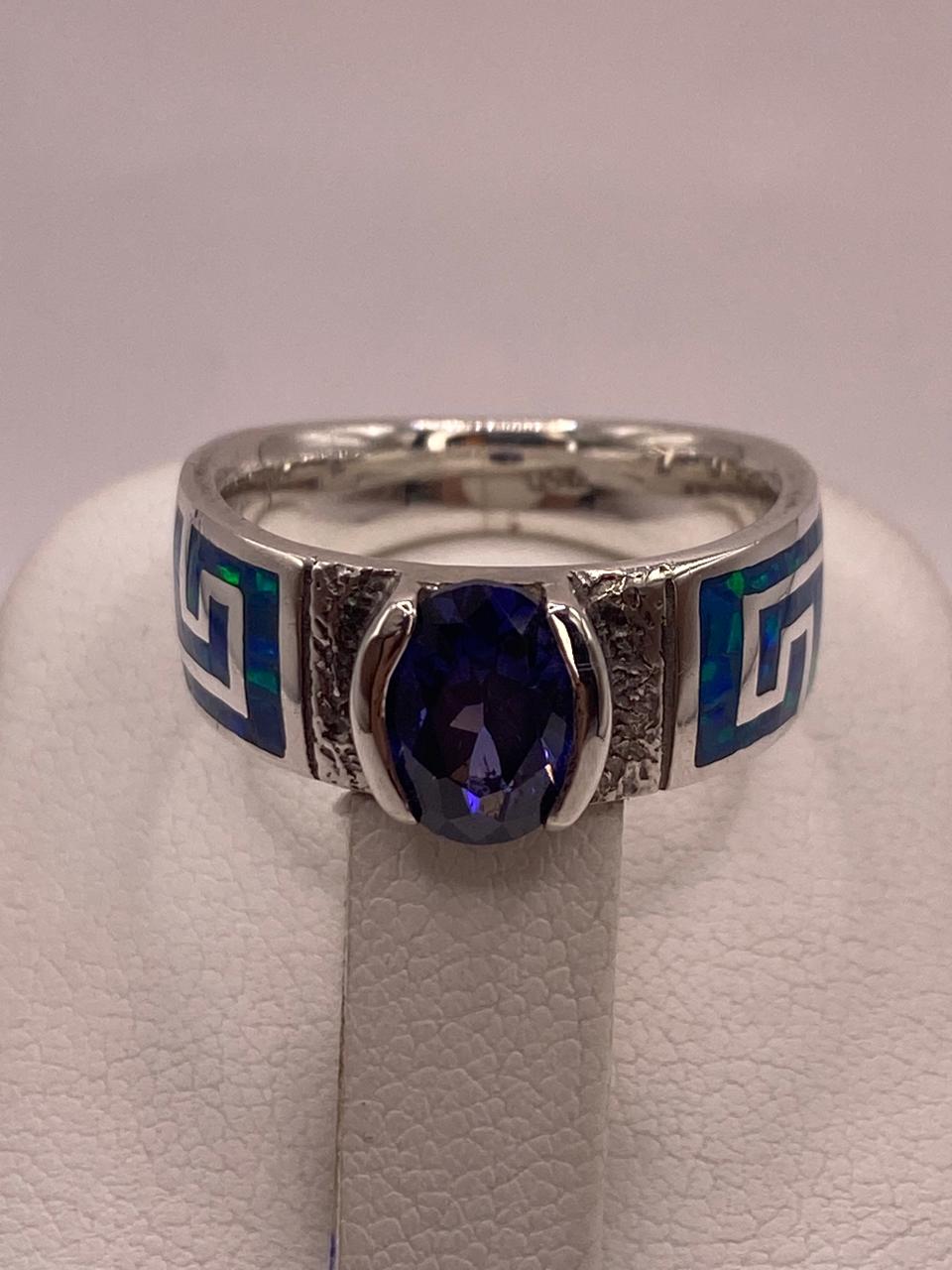 Anillo de Greca con Ópalo de Fuego y Circonia en Plata .950