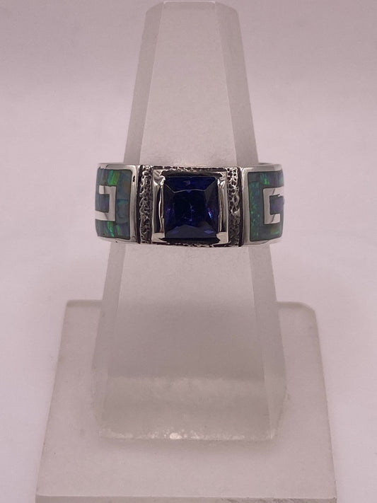 💍🔥 Anillo Greca Ópalo de Fuego & Zirconia Zafiro Plata 950 — ángulo diagonal