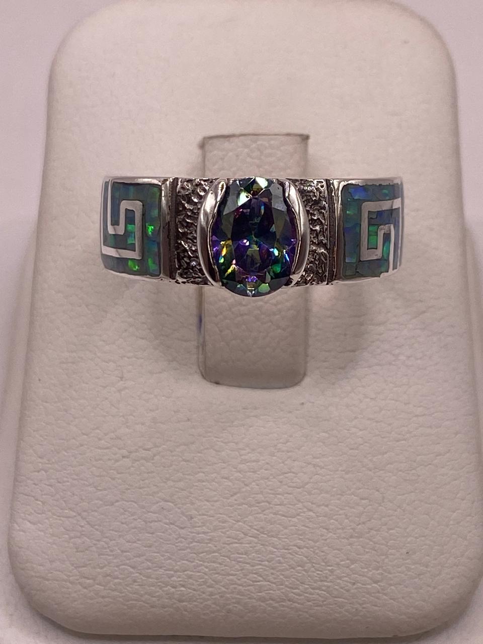 Anillo de Greca con Ópalo de Fuego y Zirconia en Plata .950