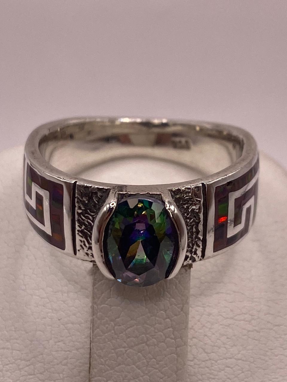 Anillo de Greca con Ópalo de Fuego y zirconia en Plata .950