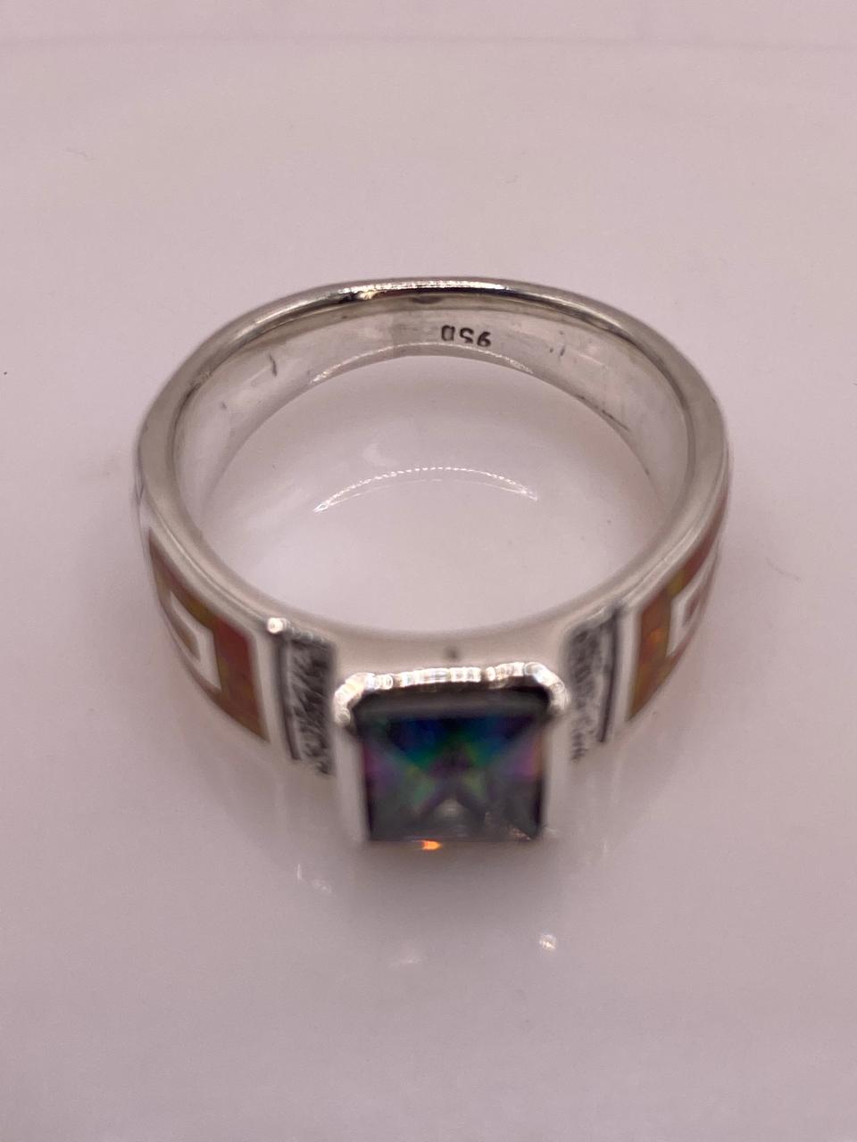 Anillo Greca de Plata 950 con Ópalo de Fuego y Zirconia