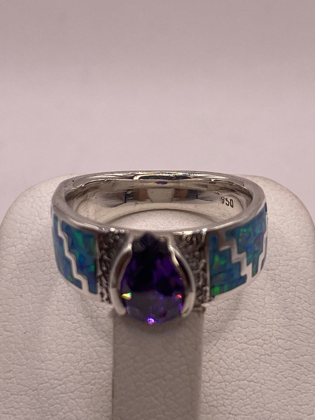 Anillo Greca de Plata 950 con Ópalo de Fuego y Zirconia