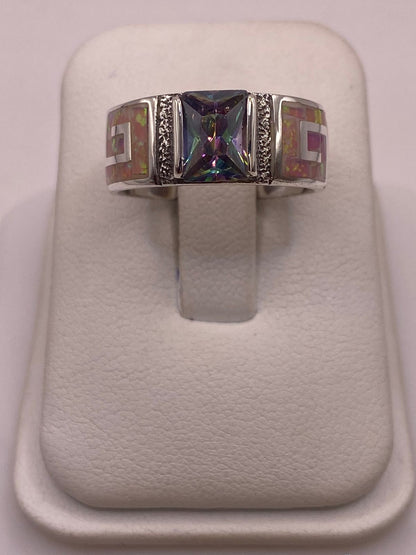 Anillo Greca de Plata 950 con Ópalo de Fuego y Zirconia Multicolor, vista frontal