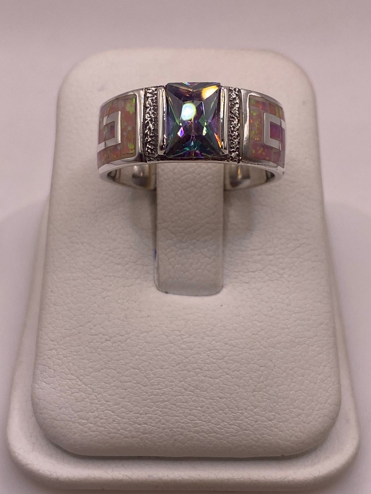 Anillo Greca de Plata 950 con Ópalo de Fuego y Zirconia Multicolor