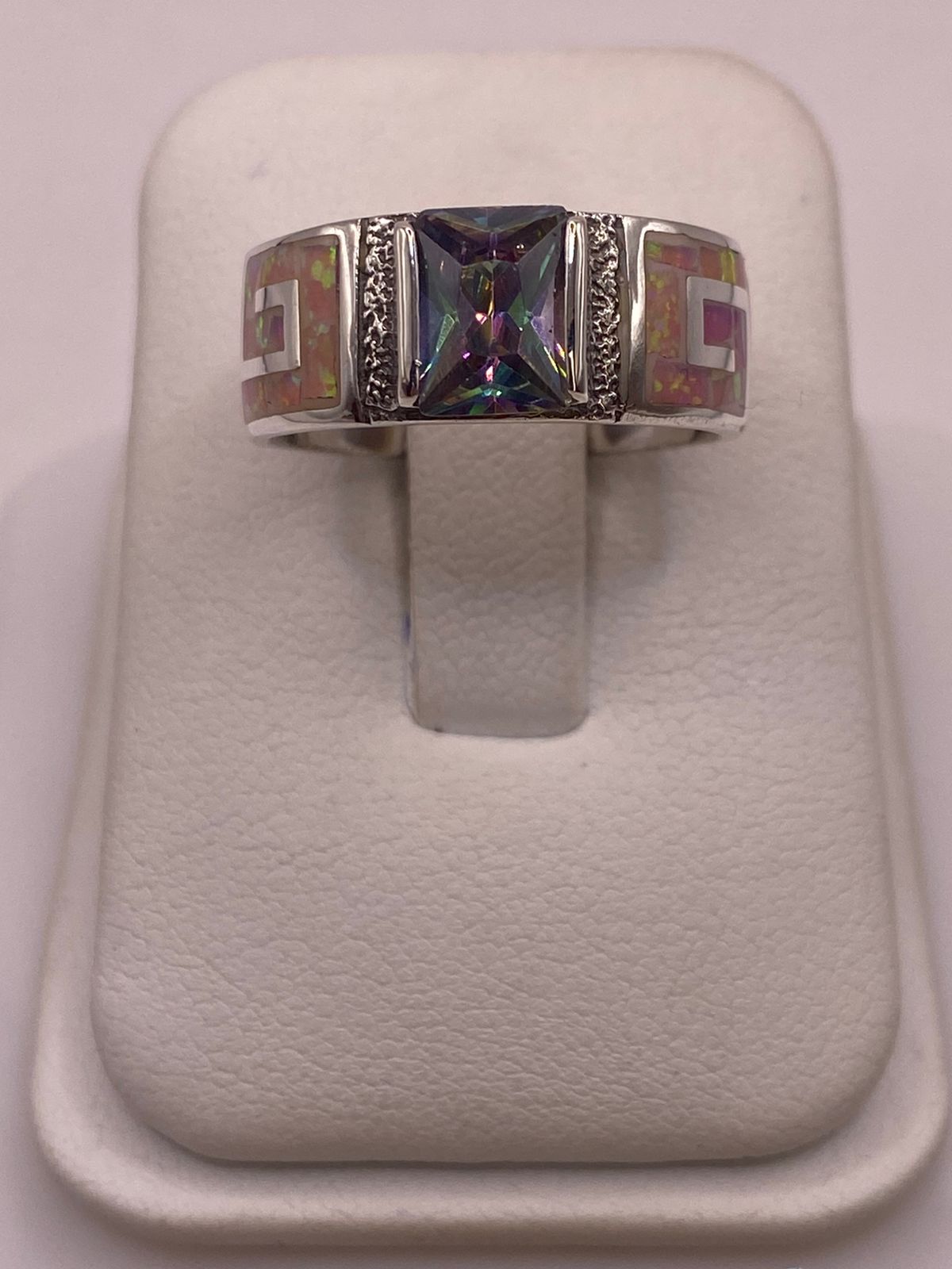 Anillo Greca de Plata 950 con Ópalo de Fuego y Zirconia Multicolor