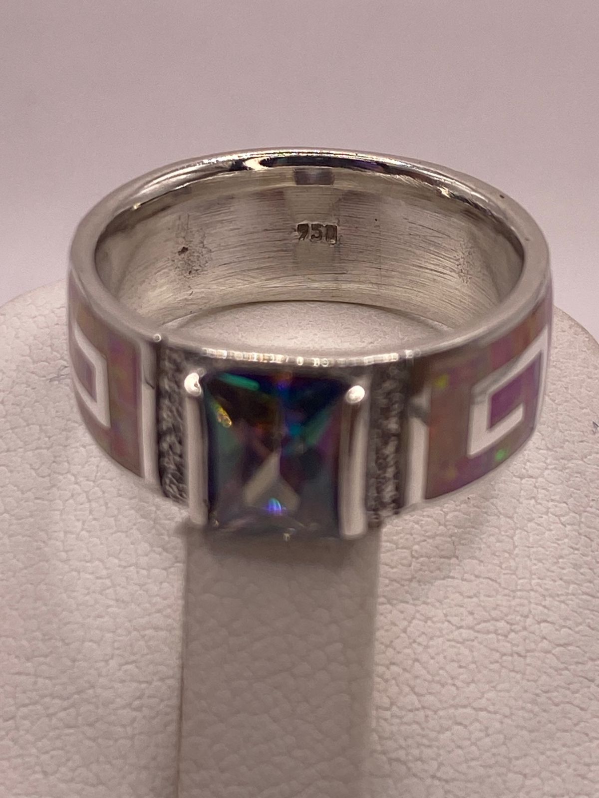 Anillo Greca de Plata 950 con Ópalo de Fuego y Zirconia Multicolor