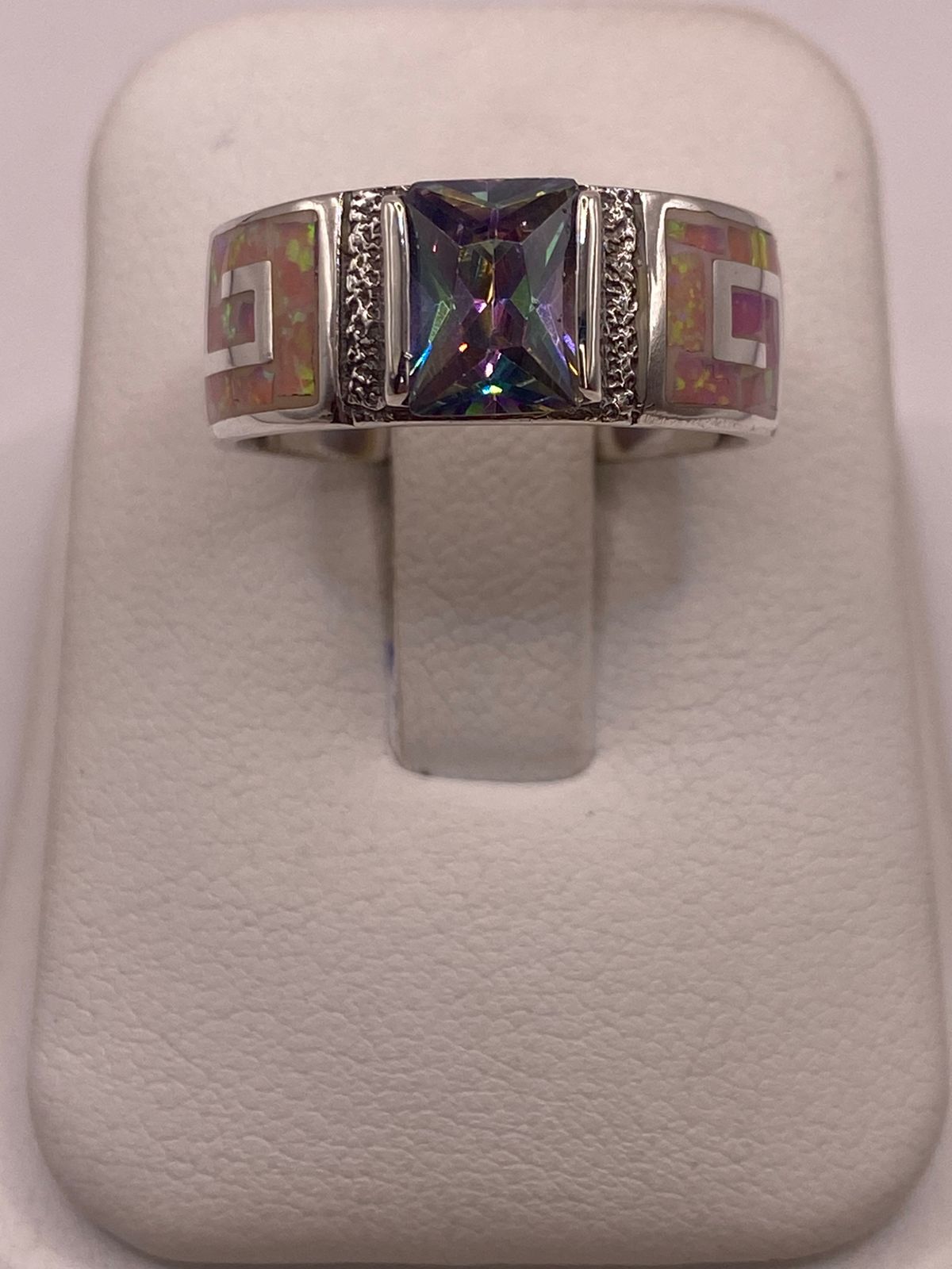 Anillo Greca de Plata 950 con Ópalo de Fuego y Zirconia Multicolor