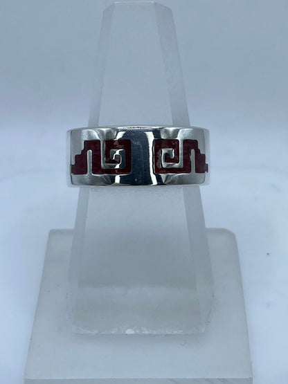 Anillo Greca Ancestral en Plata .925 con Coral Rojo