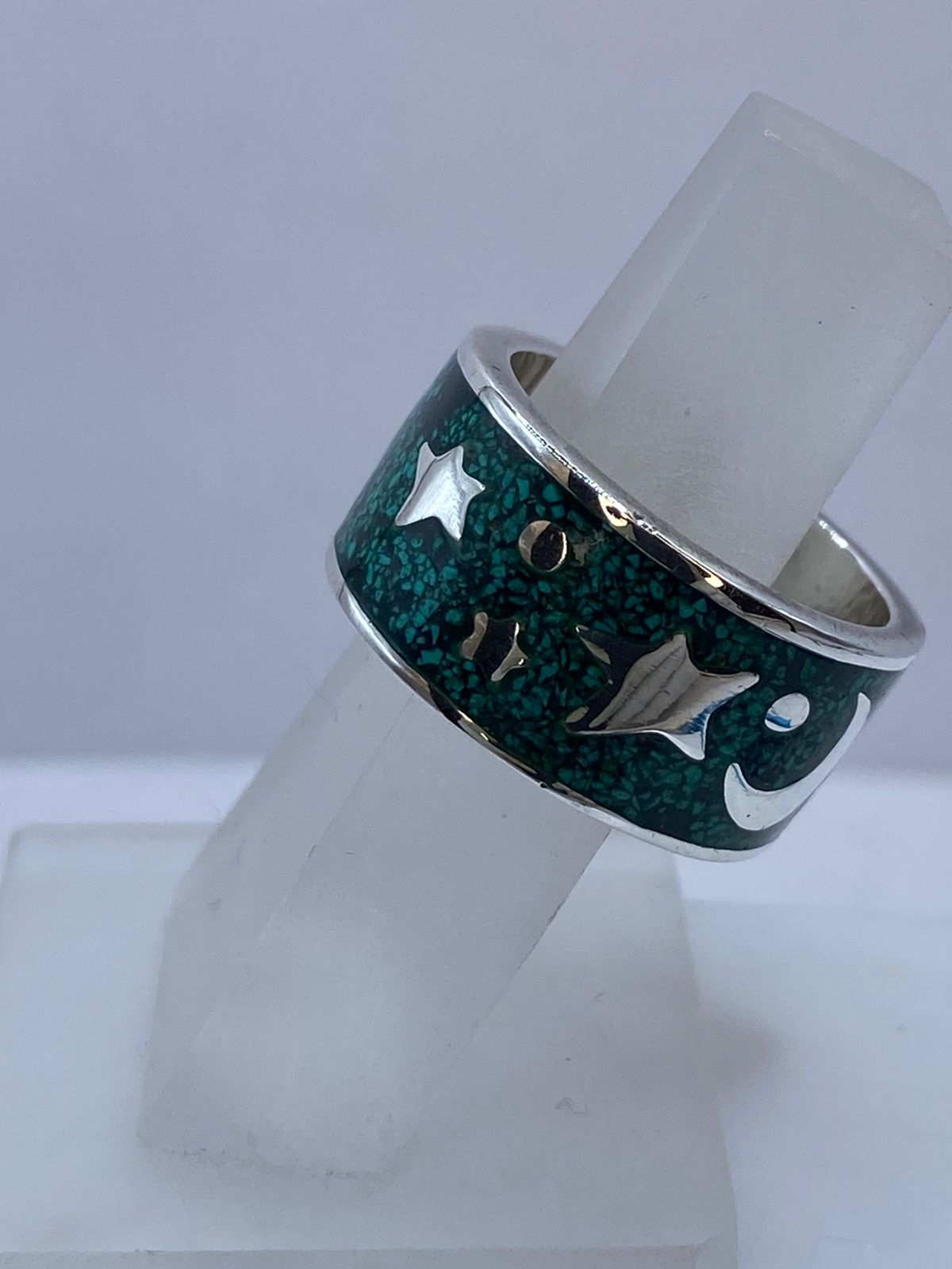 Anillo de Malaquita con Diseño Luna y Estrellas en Plata .925